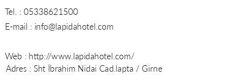 Lapida Hotel telefon numaralar, faks, e-mail, posta adresi ve iletiim bilgileri